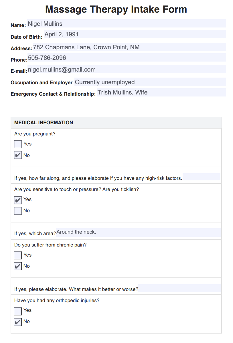 Massage Therapy Intake Form &amp; Example | Free PDF Download